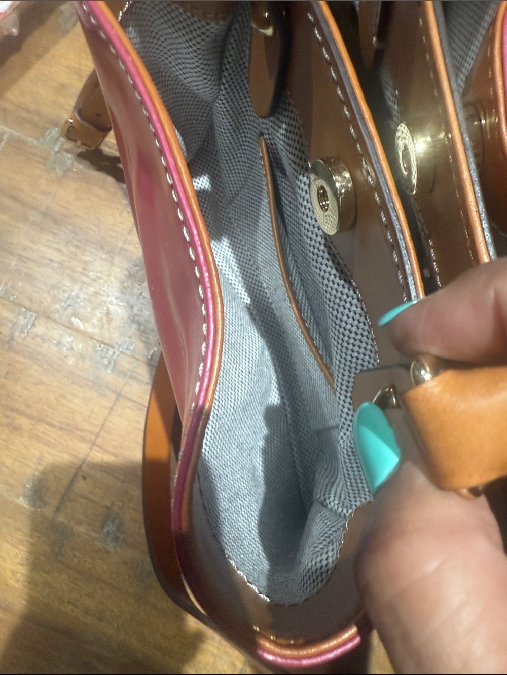 Dooney & Bourke Pink-Red Patent Satchel with Tan Trim - Picture 7 of 10
